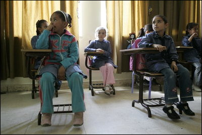 Students at the Discovery School of Swaifiyeh Secondary School in Amman, Jordan, participate in a classroom lesson during Laura Bush's visit to the school Sunday, May 22, 2005.