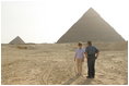 Laura Bush tours the Giza Pyramids with Dr. Zahi Hawass, secretary general of the Supreme Council of Antiquities, during her visit to Cairo, Egypt, Monday, May 23, 2005.