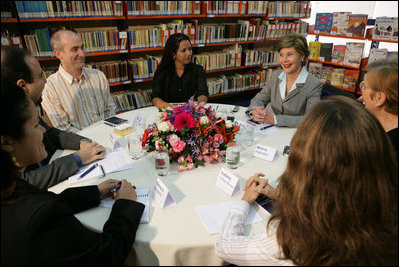 Laura Bush participates in a roundtable discussion Saturday, Nov. 6, 2005, at the Biblioteca Demonstrativa de Brasilia in Brasilia, Brazil. The biblioteca is the only public library in Brasilia.