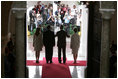 President and Mrs. Bush and President Martin Torrijos of Panama, and Mrs. Torrijos, face the media after the Bush's arrival Monday, Nov. 7, 2005, at the Palacio de Las Garzas in Panama City, Panama.