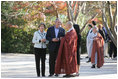 President George W. Bush and Laura Bush are welcomed to Bulguksa Temple by Juji Sunim, the chief monk, during their visit Thursday, Nov. 17, 2005, to Gyeongju, Korea.