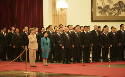 Laura Bush and Madame Liu, wife of President Hu Jintao of China, participate in the welcoming ceremony for President and Mrs. Bush Sunday, Nov. 20, 2005, at the Great Hall of the People in Beijing.