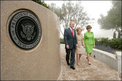 President George W. Bush, Nancy Reagan and Laura Bush tour the grounds of the Ronald Reagan Presidential Library in Simi Valley, Calif., where they attended ceremonies, Friday, Oct. 21, 2005 for the opening of the Air Force One Pavilion.