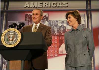 President George W. Bush and Mrs. Bush offer their welcoming remarks, Thursday, Oct. 27, 2005 at Howard University in Washington, to open the White House Conference on Helping America's Youth.