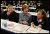 Laura Bush sits with Michaela Huberty, right, and her mentor, Jennifer Kalenborn, left, Thursday, Oct. 27, 2005 at Howard University in Washington, at the White House Conference on Helping America's Youth.