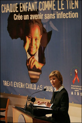 Laura Bush addresses the Organization of African First Ladies Against HIV/AIDS in New York Thursday, Sept. 15, 2005. "I want you to know how encouraged I am by your strategy to reach out to adults, to appeal to the conscience of adults, to make sure they can protect children, and that everyone is united, all adults worldwide, united to protect children from HIV/AIDS, and from any other risky behavior that we want children to avoid," said Mrs. Bush in her remarks.