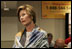 Laura Bush talks with the press during her visit to the National Center for Missing & Exploited Children in Alexandria, Va., Friday, Sept. 16, 2005.