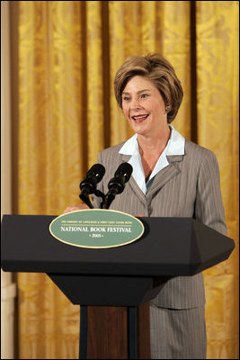 Laura Bush speaks at the National Book Festival Author's breakfast in the East Room, Saturday, Sept. 24, 2005. "Great books have brought many people through difficult times," said Mrs. Bush, explaining that the Book Festival is collecting books for schools, libraries and those affected by the recent hurricanes. "A story's setting -- real or imagined -- can provide a much-needed escape. And the characters in a good book are like old friends by the time we turn the final page."