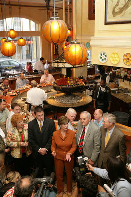 Mrs. Laura Bush talks with members of the media at Bourbon House Restaurant in New Orleans, La., following a meeting with chief state school officers and superintendents from five Gulf Coast States, Monday, April 10, 2006. Through the Laura Bush Foundation for American's Libraries Gulf Coast School Library Recovery Initiative, Mrs. Bush is working with state schools to determine the needs of their libraries to help restore book collections in their school libraries.