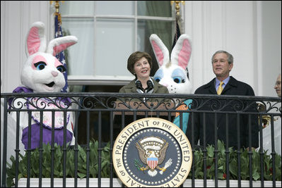 Mrs. Laura Bush and President George W. Bush welcome guests to the 2006 White House Easter Egg Roll, Monday, April 17, 2006, a tradition on the South Lawn of the White House since 1878.