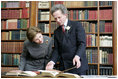 Mrs. Laura Bush tours the library of The Mount Estate and Gardens, home of author Edith Wharton, in Lenox, Mass., Monday, April 24, 2006, during a ceremony celebrating the acquisition and restoration of the library. The Mount was designed and built by Edith Wharton in 1902, and the library contains more than 2,600 volumes and titles.