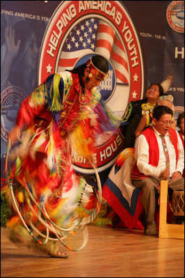 A member of The Seven Falls Indian Dancers performs during the second regional Helping America's Youth Conference on Friday, August 4, 2006, in Denver, Colorado. The dancers are from the Pawnee, Flandreau Santee-Sioux Crow Creek Sioux, and Cheyenne River Sioux tribes. The troupe has been dancing throughout Colorado for over 25 years.