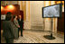 Mrs. Laura Bush is shown a video presentation on the preservation and study of Leonardo Da Vinci's drawing and painting of The Adoration of the Magi, Thursday, Dec. 7, 2006 at the Library of Congress in Washington, D.C., by professor Paolo Galluzzi, the director of the National Museum of History of Science in Florence, Italy.