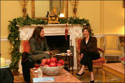 Mrs. Laura Bush and Mrs. Melinda Gates meet Thursday morning, Dec. 14, 2006, during a coffee hosted by Mrs. Bush at the White House, prior to their participation at the White House Summit on Malaria.