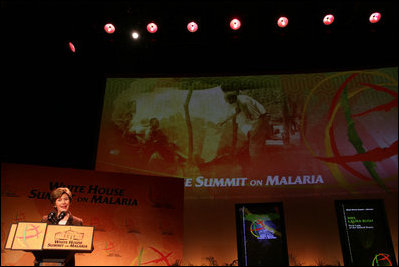 Mrs. Laura Bush addresses her remarks at the first-ever White House Summit on Malaria, Thursday, Dec. 14, 2006, at the National Geographic Society in Washington, D.C. The President's Malaria Initiative, a five-year $1.2 billion program to eradicate malaria in 15 countries, announced at the summit that it will launch a further $30 million Malaria Communities Program to build independent, sustainable malaria-control projects in Africa.