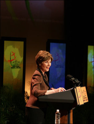 Mrs. Laura Bush addresses her remarks at the first-ever White House Summit on Malaria, Thursday, Dec. 14, 2006, at the National Geographic Society in Washington, D.C. The President's Malaria Initiative, a five-year $1.2 billion program to eradicate malaria in 15 countries, announced at the summit that it will launch a further $30 million Malaria Communities Program to build independent, sustainable malaria-control projects in Africa.