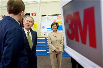 President George W. Bush and Laura Bush tour the 3M Research and Development Laboratory in Maplewood, Minn., Thursday, Feb. 2, 2006.