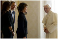 Mrs. Laura Bush, daughter Barbara Bush and Francis Rooney, U.S. Ambassador to the Vatican, are welcomed by Pope Benedict XVI, Thursday, Feb. 9, 2006 at the Vatican.