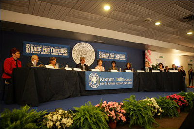 Mrs. Laura Bush participates in a roundtable discussion with doctors and breast cancer survivors, Thursday, Feb. 9, 2006 at the Gemelli Hospital in Rome, sponsored by The Susan G. Komen Breast Cancer Foundation.