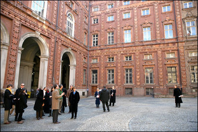 Laura Bush stops in Palazzo Carignano during a tour of historic Turin, Italy, given by Brandon Neukam Saturday, Feb. 11, 2006.