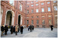 Laura Bush stops in Palazzo Carignano during a tour of historic Turin, Italy, given by Brandon Neukam Saturday, Feb. 11, 2006.