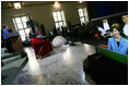 Laura Bush delivers remarks at the University of Turin Saturday, Feb. 11, 2006, in Turin, Italy, Saturday, Feb. 11, 2006. Mrs. Bush announced a donation, made possible by the U.S. Department of State, of more than 200 American books to the University of Turin American studies program.