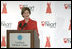 Laura Bush speaks to an audience about heart disease awareness at the Carolinas Medical Center Wednesday, Feb. 15, 2006, in Charlotte, NC. In Charlotte, 55% of women are at risk for heart disease and are not aware of their vulnerability of a heart attack.