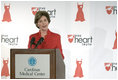 Laura Bush speaks to an audience about heart disease awareness at the Carolinas Medical Center Wednesday, Feb. 15, 2006, in Charlotte, NC. In Charlotte, 55% of women are at risk for heart disease and are not aware of their vulnerability of a heart attack.