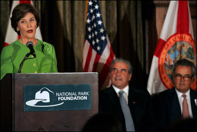 Laura Bush delivers remarks Wednesday, Feb. 15, 2006, in Coral Gables, FL, to emphasize the National Park Foundation's Junior Ranger program and its importance to preservation and education in the National Parks.