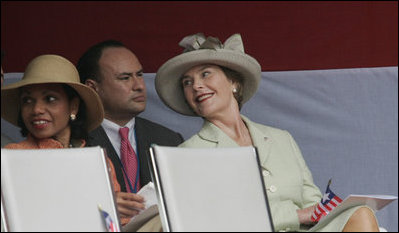 Mrs. Laura Bush and U.S. Secretary of State Condoleezza Rice attend the inauguration of Liberian President Ellen Johnson Sirleaf in Monrovia, Liberia, Monday, Jan. 16, 2006. President Sirleaf is Africa's first female elected head of state.