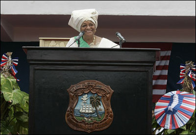 Liberian President Ellen Johnson Sirleaf addresses the audience at her inauguration in Monrovia, Liberia, Monday, Jan. 16, 2006. President Sirleaf is Africa's first female elected head of state. Mrs. Laura Bush and U.S. Secretary of State Condoleezza Rice attended the ceremony.