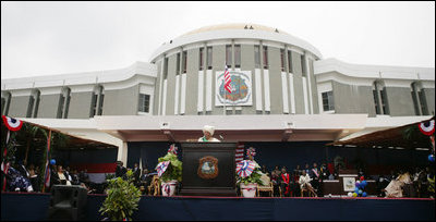 Liberian President Ellen Johnson Sirleaf addresses the audience at her inauguration in Monrovia, Liberia, Monday, Jan. 16, 2006. President Sirleaf is Africa's first female elected head of state. Mrs. Laura Bush and U.S. Secretary of State Condoleezza Rice attended the ceremony.