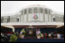 Liberian President Ellen Johnson Sirleaf addresses the audience at her inauguration in Monrovia, Liberia, Monday, Jan. 16, 2006. President Sirleaf is Africa's first female elected head of state. Mrs. Laura Bush and U.S. Secretary of State Condoleezza Rice attended the ceremony.