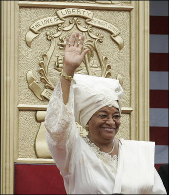 Liberian President Ellen Johnson Sirleaf waves to the audience at her inauguration in Monrovia, Liberia, Monday, Jan. 16, 2006. President Sirleaf is Africa's first female elected head of state. Mrs. Laura Bush and U.S. Secretary of State Condoleezza Rice attended the ceremony.