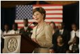 Mrs. Laura Bush addresses an audience at the Accra Teacher Training College in Accra, Ghana, Tuesday, Jan. 17, 2006, to help launch the African Education Initiative Textboooks Program.