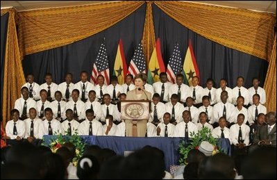 Mrs. Laura Bush addresses an audience at the Accra Teacher Training College in Accra, Ghana, where she joined Ghana President John Agyekum Kufuor, Tuesday, Jan. 17, 2006, to help launch the Africa Education Initiative Textbooks Program.