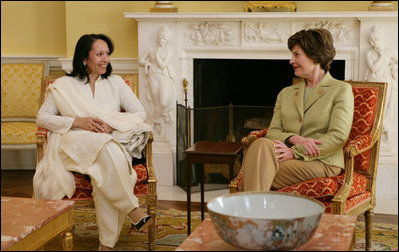 Laura Bush meets with Begum Rukhsana Aziz, the wife of Prime Minister Shaukat Aziz of Pakistan, Tuesday, Jan. 24, 2006 at the White House.