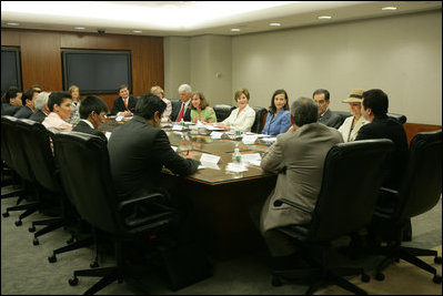 Mrs. Laura Bush, participates in the U.S. Afghan Women's Council meeting at the State Department, Wednesday, July 5, 2006, in Washington, D.C. The Council meets twice a year, alternating between Kabul and Washington, to discuss programs for assisting Afghan women in gaining skills and education that they were denied under years of Taliban rule.