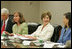 Mrs. Laura Bush smiles at Dina Hibab Powell, Deputy Under Secretary for Public Diplomacy, Public Affairs and Assistant Secretary of State for Educational and Cultural Affairs during the fifth meeting of the U.S. Afghan Women's Council at the State Department, Wednesday, July 5, 2006, in Washington, D.C. Also shown are Dr. Paula Dobrianksy, Under Secretary of State for Democracy and Global Affairs, left, and James Kunder, Assistant Administrator for Asia and the Near East, USAID.