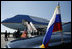 President George W. Bush and Mrs. Laura Bush wave from Air Force One upon arriving at Pulkovo International Airport for the upcoming G8 Summit in St. Petersburg, Russia, Friday, July 14, 2006.