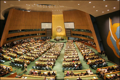 Mrs. Laura Bush delivers remarks about HIV/AIDS at the United Nations General Assembly's High-Level Meeting on AIDS at the United Nations in New York June 2, 2006. Mrs. Bush noted that 560,000 people worldwide are receiving treatment made possible through President Bush's Emergency Plan for AIDS Relief and called for heightened leadership by other nations.