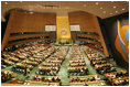 Mrs. Laura Bush delivers remarks about HIV/AIDS at the United Nations General Assembly's High-Level Meeting on AIDS at the United Nations in New York June 2, 2006. Mrs. Bush noted that 560,000 people worldwide are receiving treatment made possible through President Bush's Emergency Plan for AIDS Relief and called for heightened leadership by other nations.