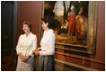 Mrs. Laura Bush and Mrs. Leila Castellaneta, wife of the Italian ambassador, speak to the press during their preview tour of the upcoming exhibition Bellini, Giorgione, Titian, and the Renaissance of Venetian Painting at the National Gallery of Art Tuesday, June 14, 2006. The exhibition opens June 18 and runs through September 17, 2006.