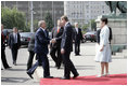 Prime Minister Ferenc Gyurcsany and his wife Dr. Klara Dobrev welcome President George W. Bush and Mrs. Laura Bush to the Hungarian Parliament building in Budapest, Hungary, Thursday, June 22, 2006.