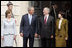 President George W. Bush, Mrs. Laura Bush, Hungarian President Laszlo Solyom and Mrs. Erzsebet Solyom participate in an official arrival ceremony at Sandor Palace in Budapest, Hungary, June 22, 2006.