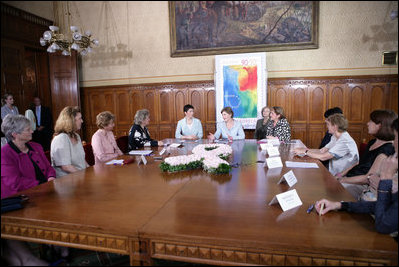 Mrs. Laura Bush and Dr. Klara Dobrev, wife of Hungarian Prime Minister Ferenc Gyurcsanys, participate in a roundtable discussion about breast cancer awareness in Budapest, Hungary, Thursday, June 22, 2006.