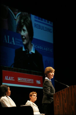 Mrs. Laura Bush flanked by Caitlyn Clarke, left, and Leslie Berger, ALA president-elect, Monday, June 26, 2006, announced that the Institute of Museum and Library Services’ Librarians for the 21st Century Program is awarding more than $20 million to support almost 3,900 library-science students at 35 universities, during the 2006 American Library Association Conference in New Orleans, Louisiana.