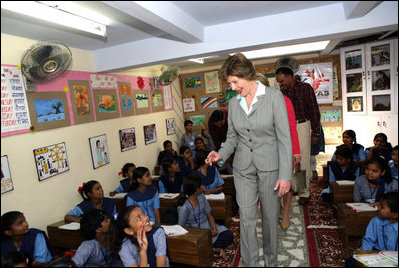 Laura Bush visits Prayas, a home for abused children in Tughlaqabad, New Delhi, India March 2, 2006.