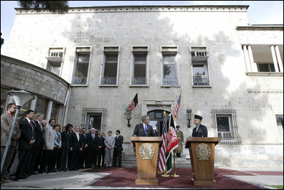 President George W. Bush and President Hamid Karzai of Afghanistan hold a press availability Wednesday, March 1, 2006, in Kabul during a stop en route to India. President Bush told President Karzai that he hoped "the people of Afghanistan understand that as democracy takes hold, you're inspiring others. And that inspiration will cause others to demand their freedom."