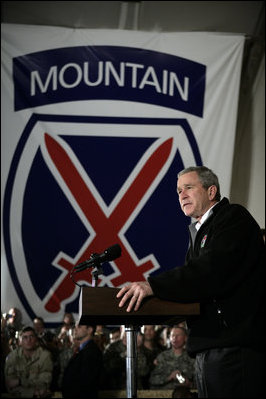 President George W. Bush addresses U.S. and Coalition troops Wednesday, March 1, 2006, during a stopover at Bagram Air Base in Afghanistan, prior to his visit to India and Pakistan.